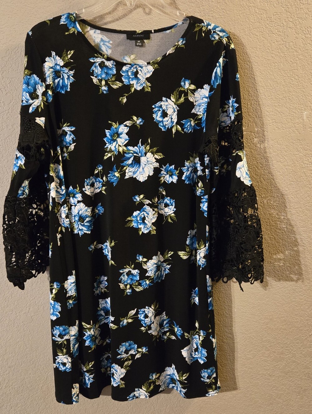 Alfani Womens Black Floral Shift Dress 3/4 Angel‎ Sleeves w/Black Lace 14P